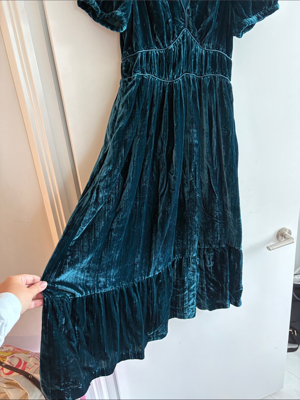 Michael Kors Teal Velvet V-Neck Puff Sleeve Maxi Dress - Picture 4 of 13